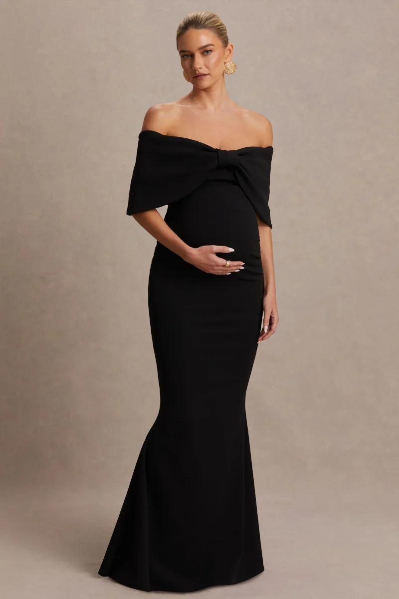 Libra | Vestido largo premamá con lazo negro y escote bardot - Imagen 5