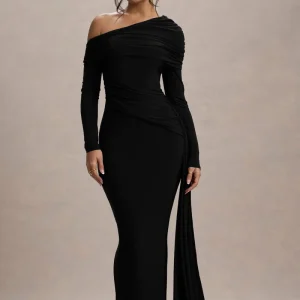 Valina | Vestido largo negro con escote asimétrico y drapeado