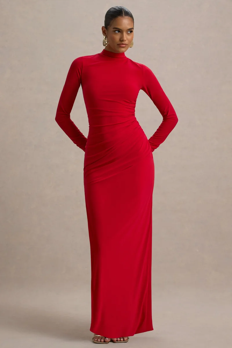Alluring | Vestido largo Rojo de Cuello Alto con Detalles Fruncidos - Imagen 6