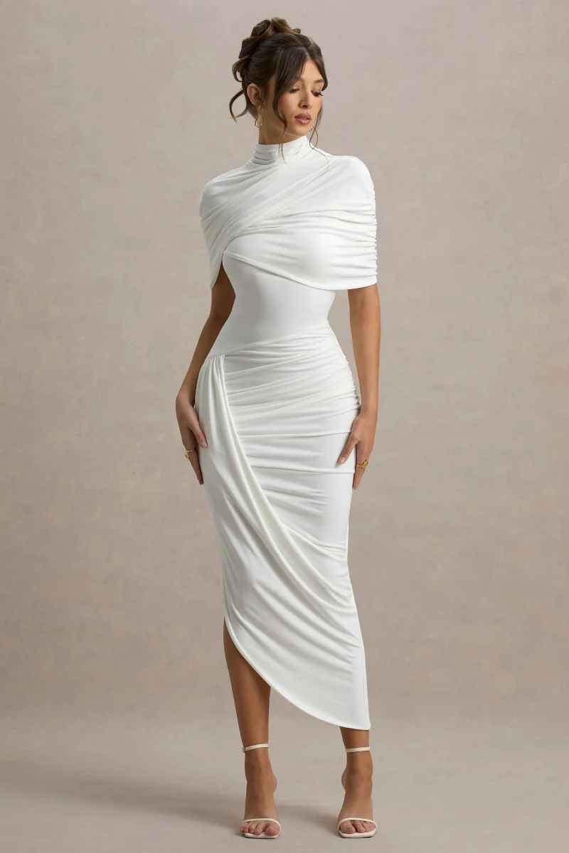 Enchant | Vestido Midi blanco con detalle de capa y drapeado - Imagen 7