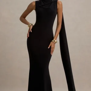 Mia | Vestido largo negro con escote barco y detalle de cinta