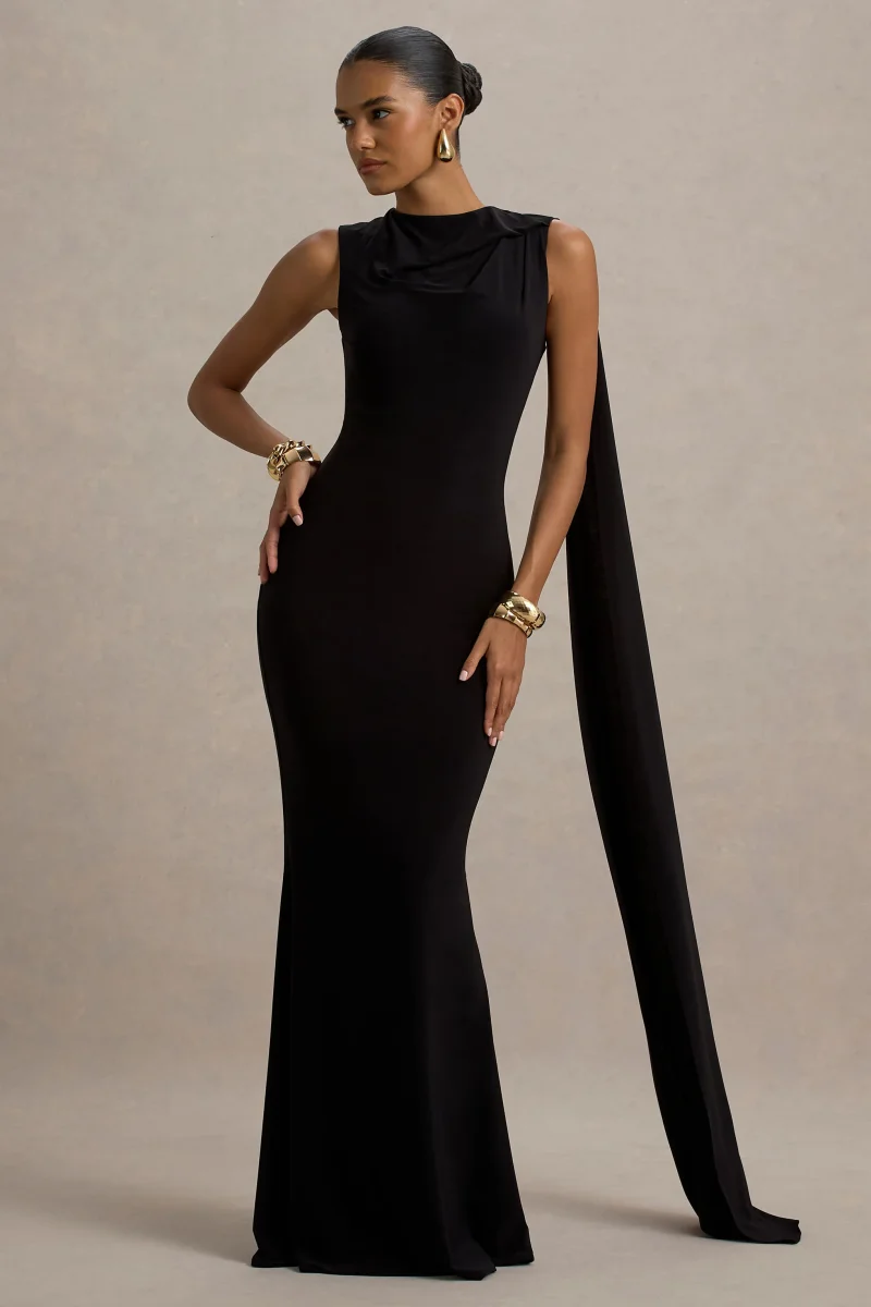 Mia | Vestido largo negro con escote barco y detalle de cinta - Imagen 2