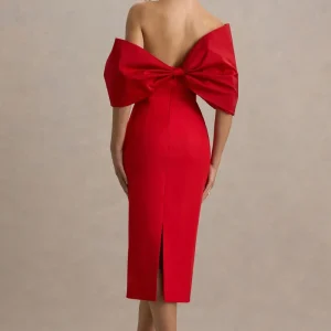 Lucille | Vestido midi rojo con escote bardot con detalle de lazo y mangas drapeadas