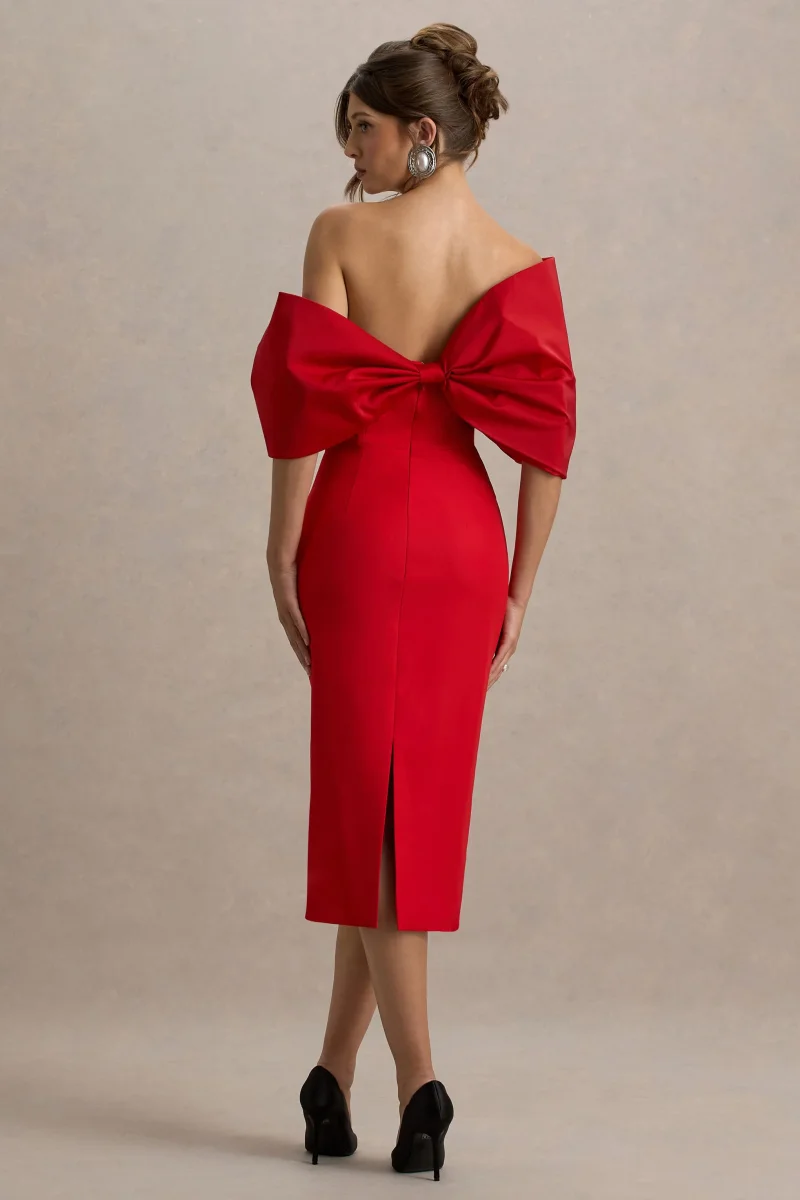 Lucille | Vestido midi rojo con escote bardot con detalle de lazo y mangas drapeadas - Imagen 2