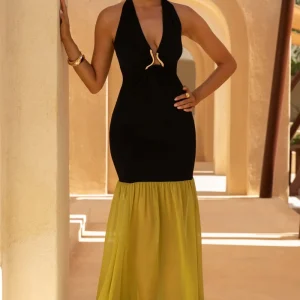 Edda | Vestido largo en negro y verde con cintura caída y espalda descubierta