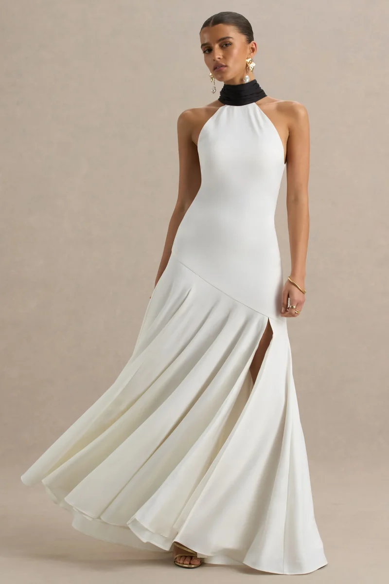 Luscious | Vestido largo blanco y negro con cuello alto cintura baja y detalle de lazo. - Imagen 4