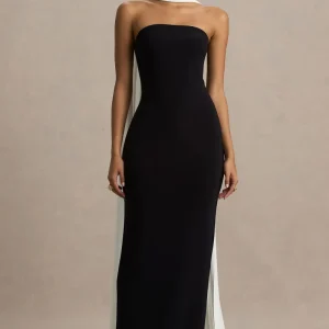 Kelilah | Vestido Largo negro y blanco con cuello bandeau y detalle de pañuelo