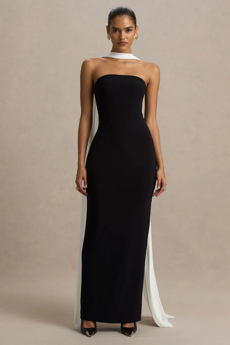 Kelilah | Vestido Largo negro y blanco con cuello bandeau y detalle de pañuelo