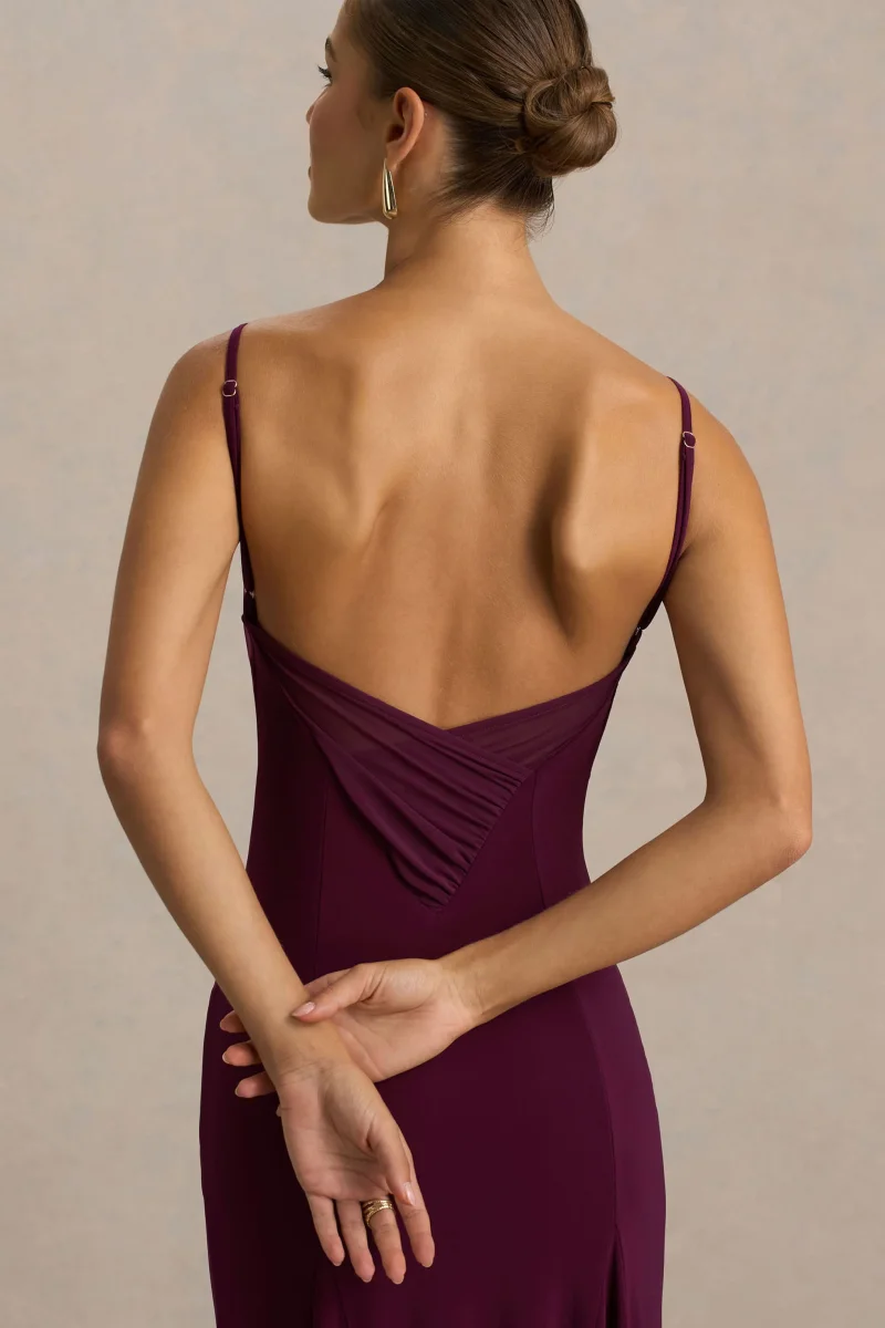 Gabbie | Vestido Largo Burdeos Con Escote Drapeado y Espalda De Malla - Imagen 5