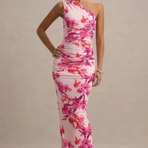 Dalarie | Vestido Largo Asimétrico con fruncido y Estampado Floral en Rosa y Naranja