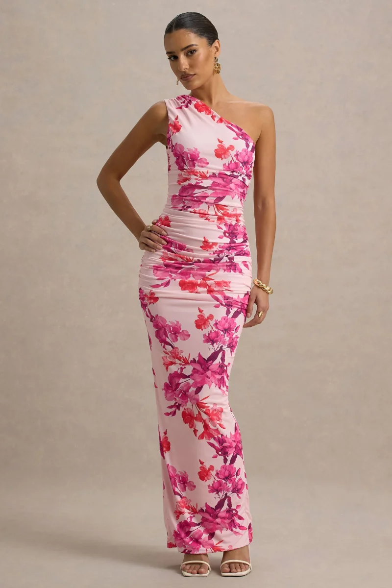 Dalarie | Vestido Largo Asimétrico con fruncido y Estampado Floral en Rosa y Naranja - Imagen 2