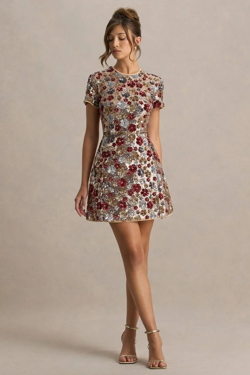 Eira | Vestido corto rojo de lentejuelas con estampado floral y escote redondo - Imagen 6