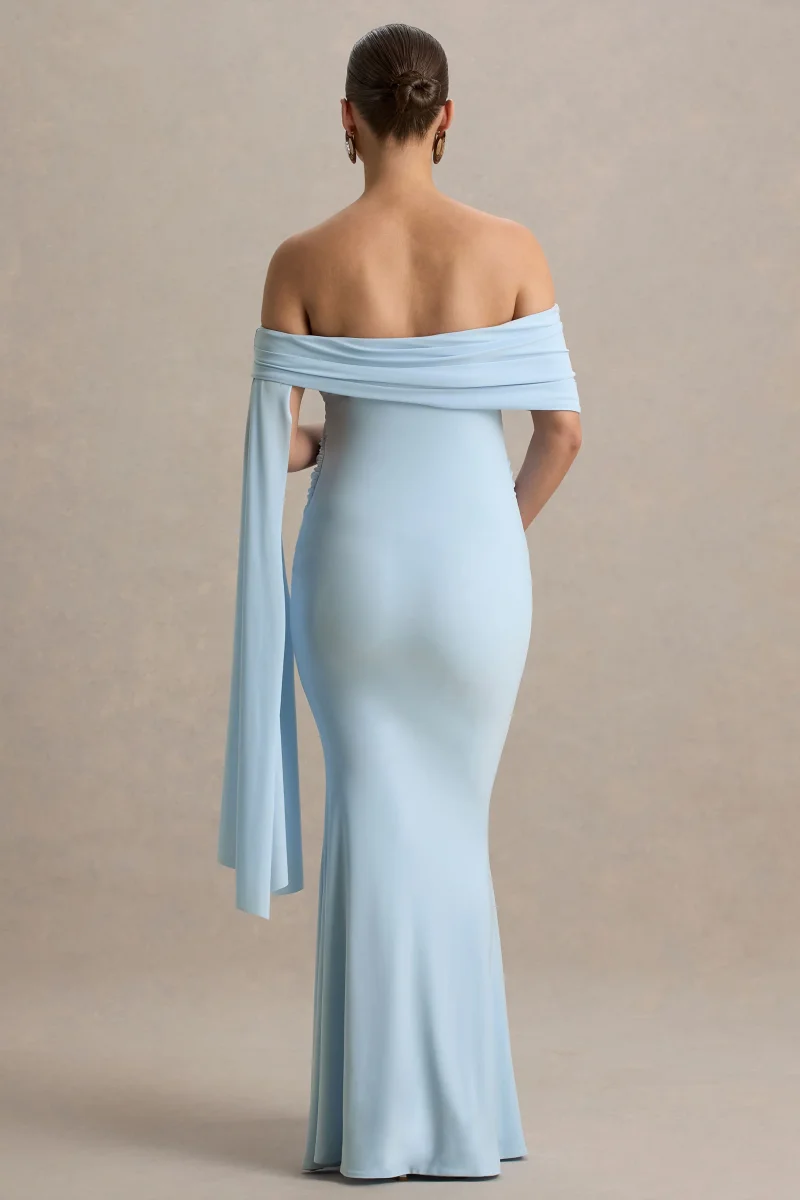 Aquila | Vestido largo de premamá Azul bebé con Escote Bardot y Manga Drapeada - Imagen 3