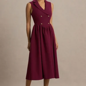 Lisa | Vestido Midi Sastre Color Burdeos con Escote Pronunciado