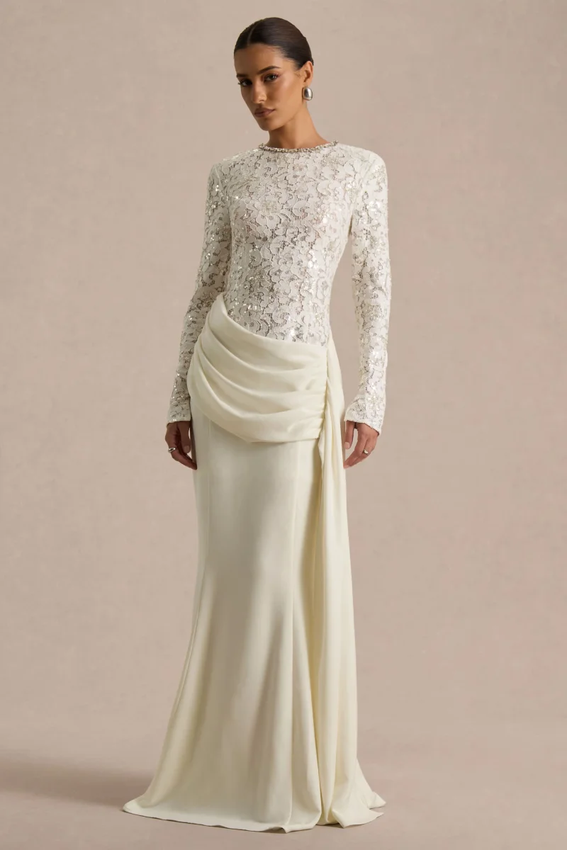 Beau | Vestido Largo de encaje crudo con escote alto y detalle drapeado - Imagen 4