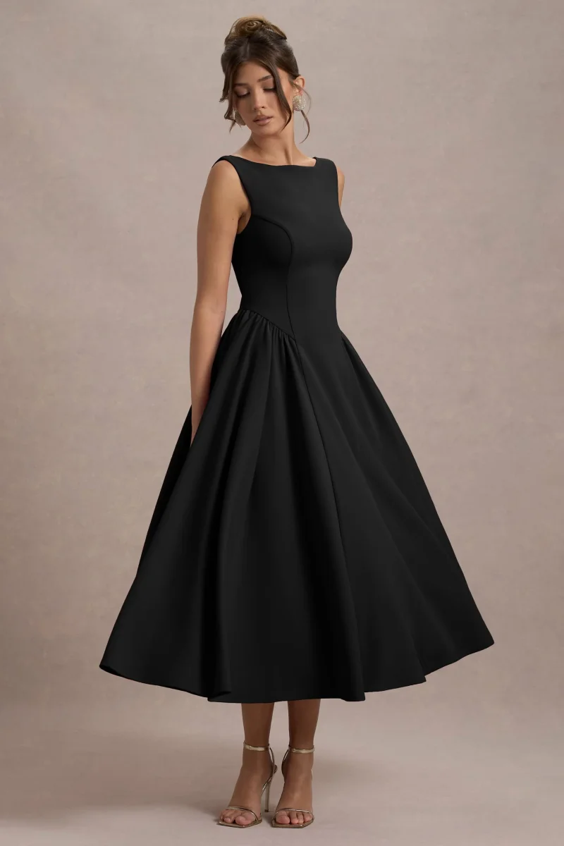 Muriel | Vestido midi negro con escote barco y bajo con volumen - Imagen 5