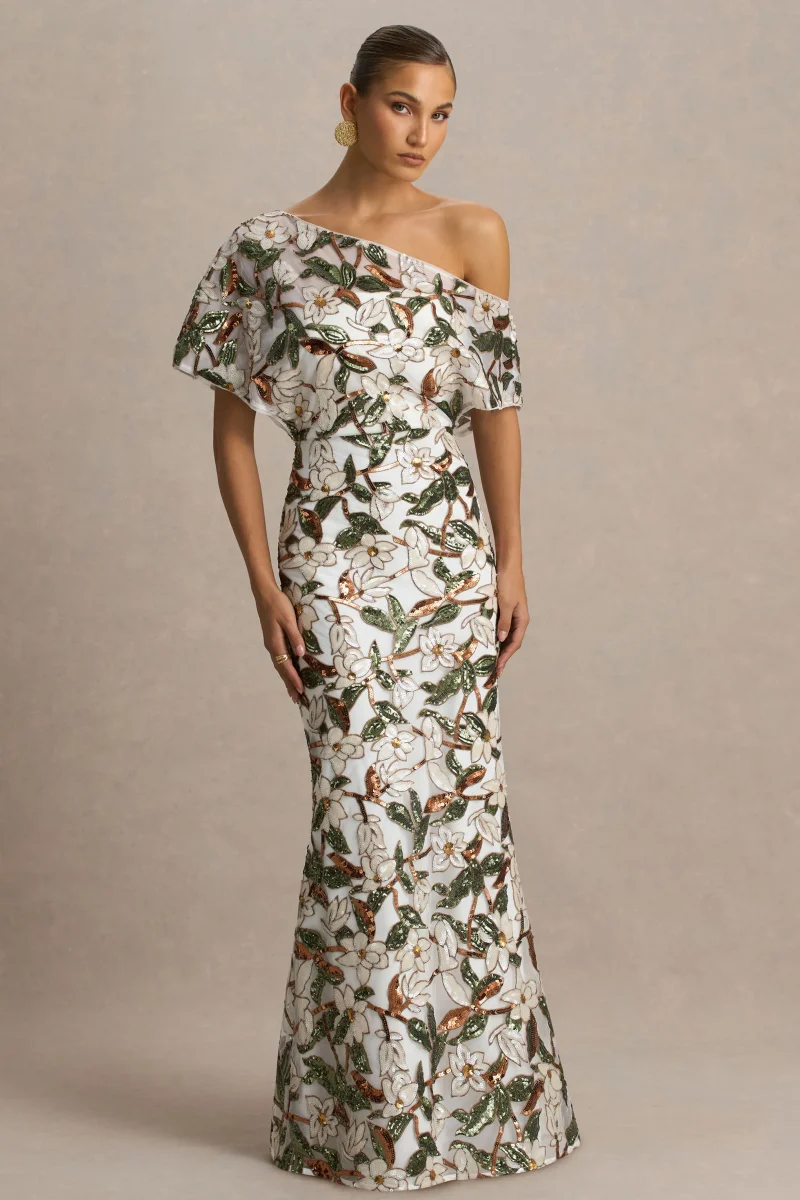 Iony | Vestido Largo de cuello asimétrico con detalles florales, malla y lentejuelas en blanco y verde - Imagen 4