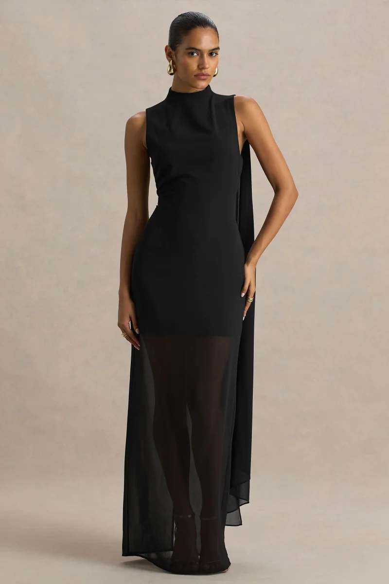 Unpredictable | Vestido Largo Negro con Escote Alto y Detalle de Capa en la Espalda - Imagen 5