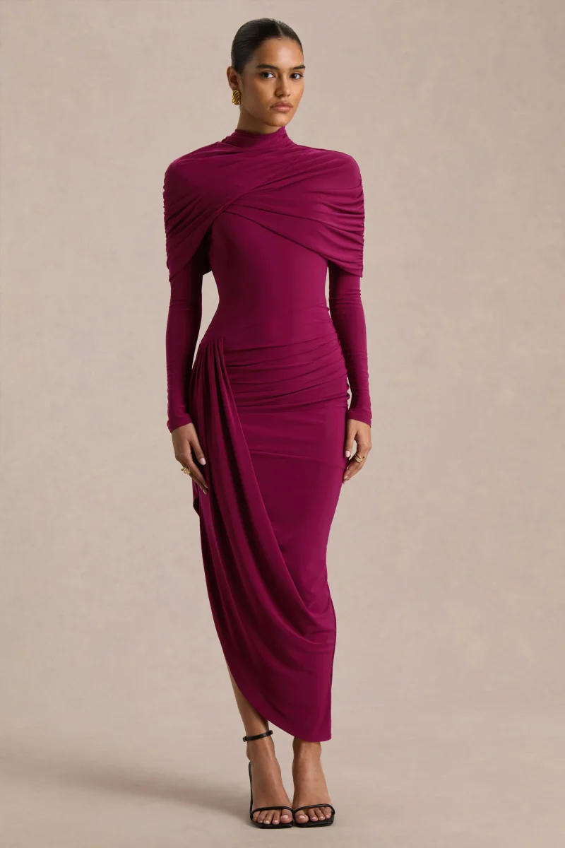 Aneira | Vestido largo burdeos de cuello alto con mangas capa - Imagen 5