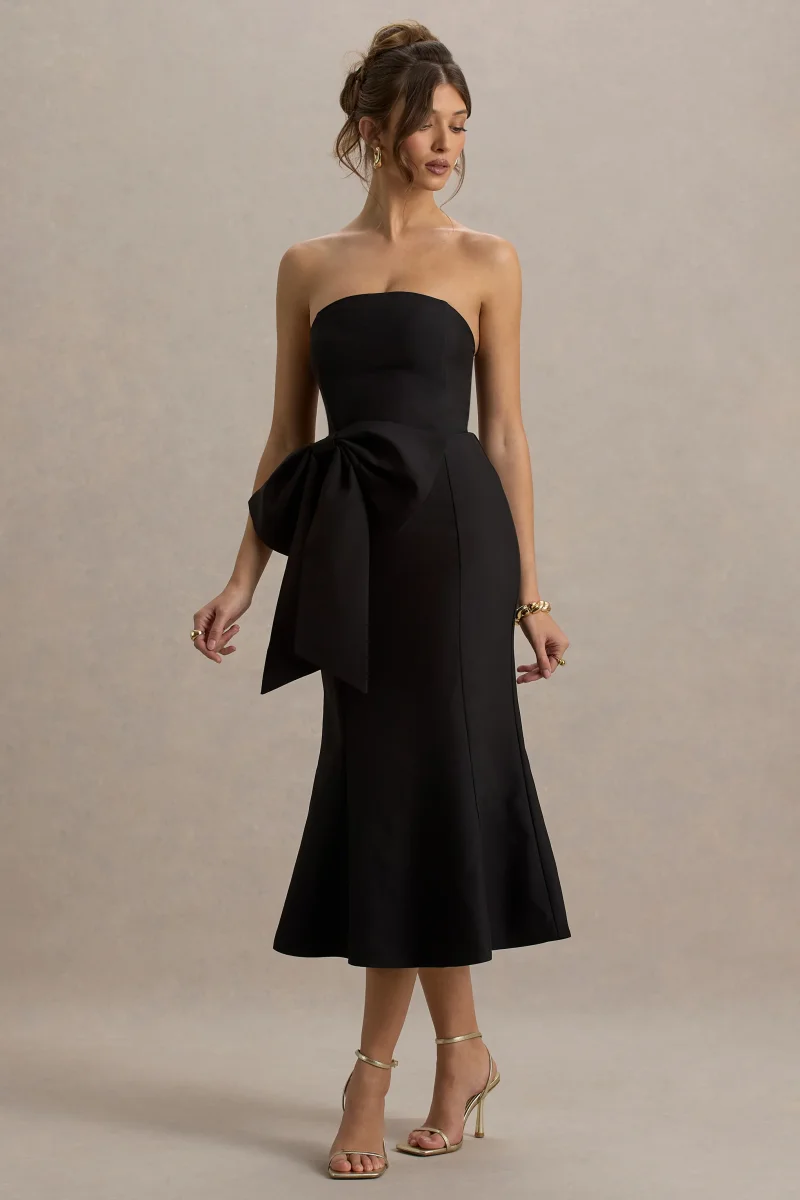 To Me | Vestido Midi Negro con escote Bandeau y lazo Oversized - Imagen 6
