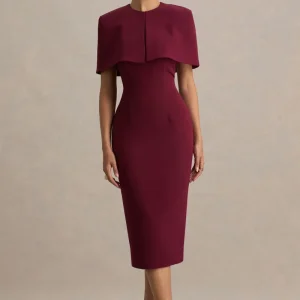 Baylor | Vestido Midi Burdeos Con Capa Corta Desmontable