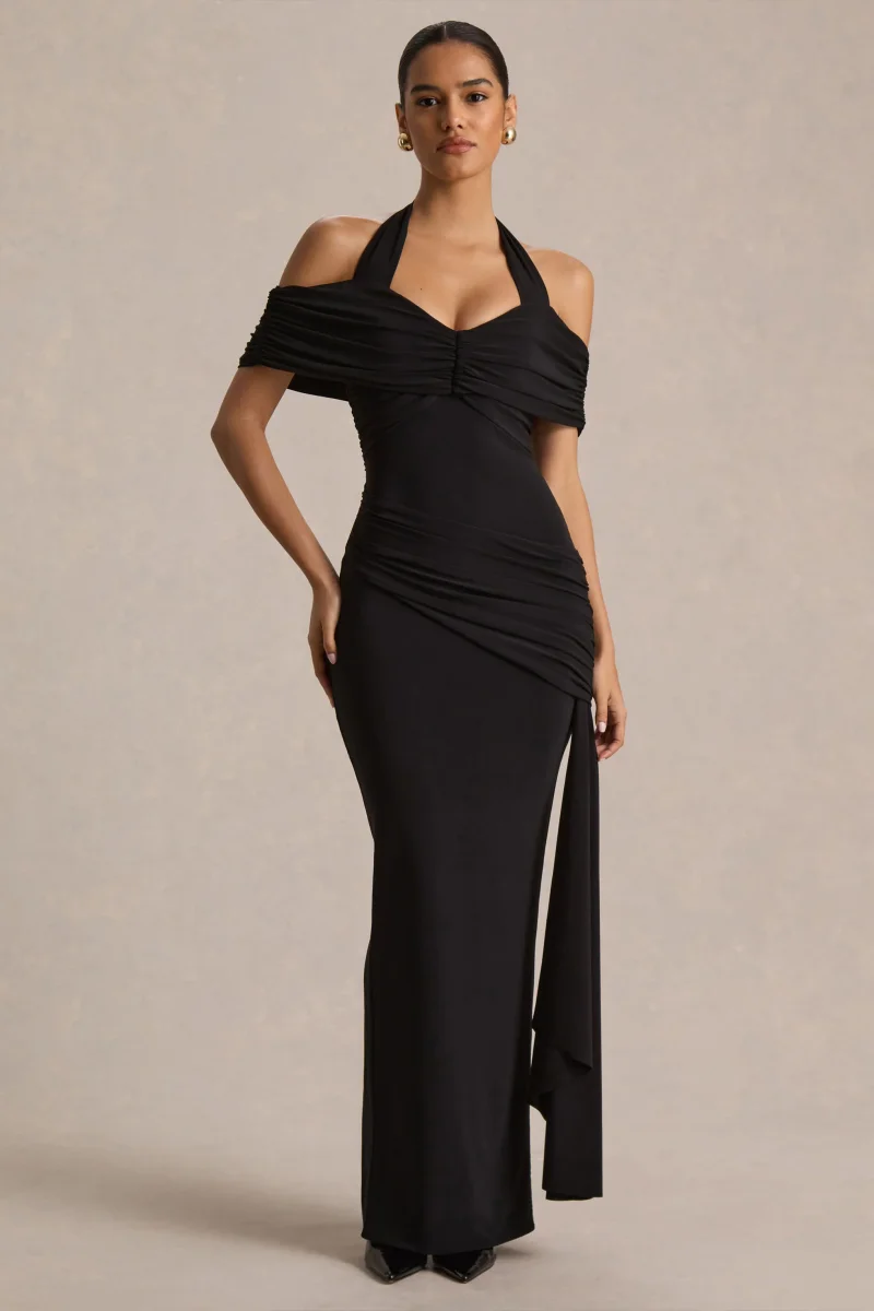 Camille | Vestido largo negro con escote bardot - Imagen 6