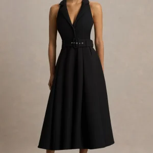 Alessa | Vestido Midi Negro Entallado con Escote Profundo