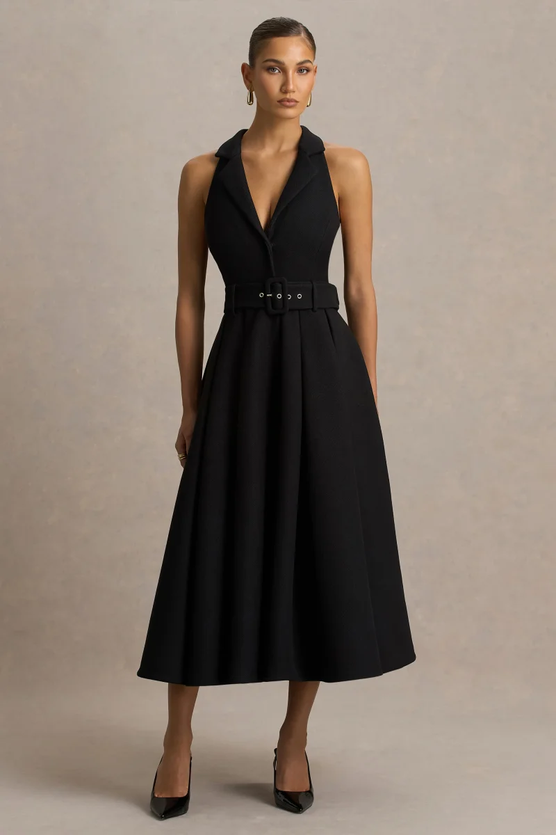 Alessa | Vestido Midi Negro Entallado con Escote Profundo