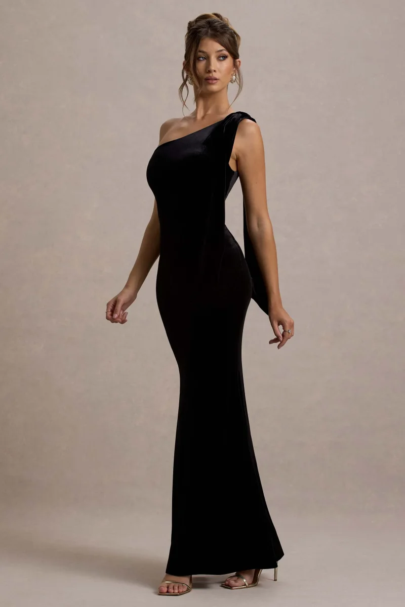 Jillian | Vestido largo Asimétrico de Terciopelo Negro con Tirante de Lazo - Imagen 5