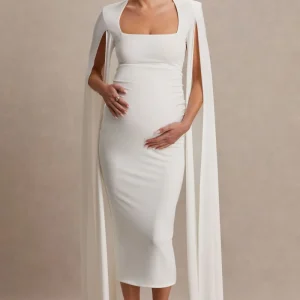 Flawless | Vestido midi premamá blanco con escote cuadrado y mangas capa