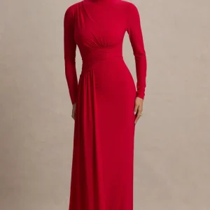 Virelle | Vestido Largo Rojo Con Escote Barco y Cintura Caída
