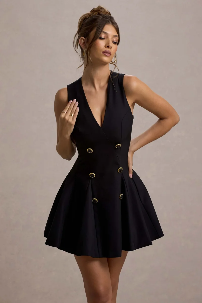 Collette | Vestido corto Negro Entallado con Escote Pronunciado y botones - Imagen 4