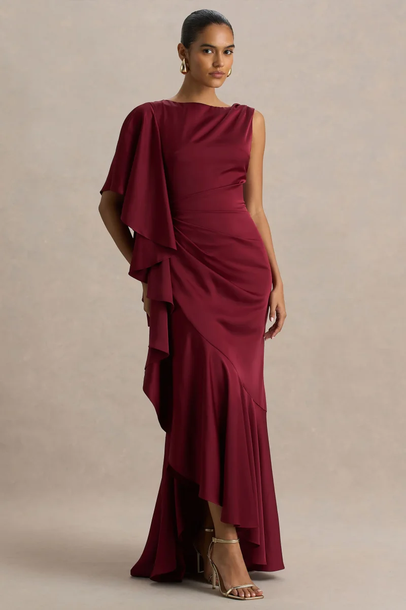 Freya | Vestido Largo De Satén Burdeos Con Cuello Alto y Detalle Fruncido - Imagen 5