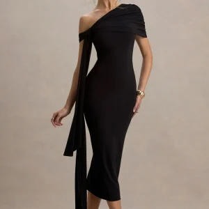 Praia | Vestido midi negro entallado con detalles fruncidos y drapeados