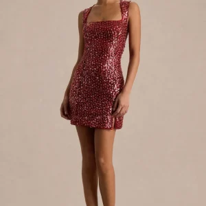 Elettra | Vestido Corto de Lentejuelas Burdeos con Escote Cuadrado