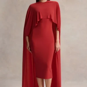 Kalani | Vestido Midi Rojo con Cuello Redondo y Mangas Tipo Capa
