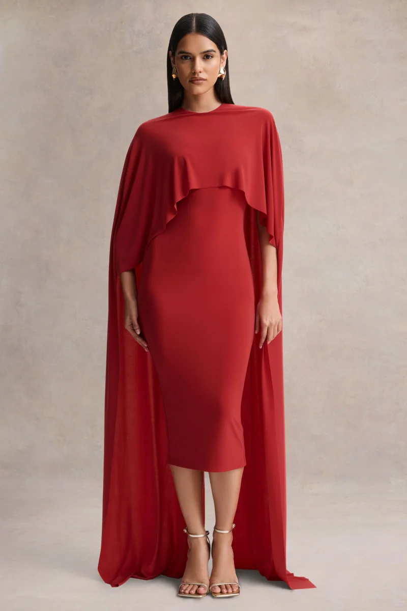 Kalani | Vestido Midi Rojo con Cuello Redondo y Mangas Tipo Capa - Imagen 2