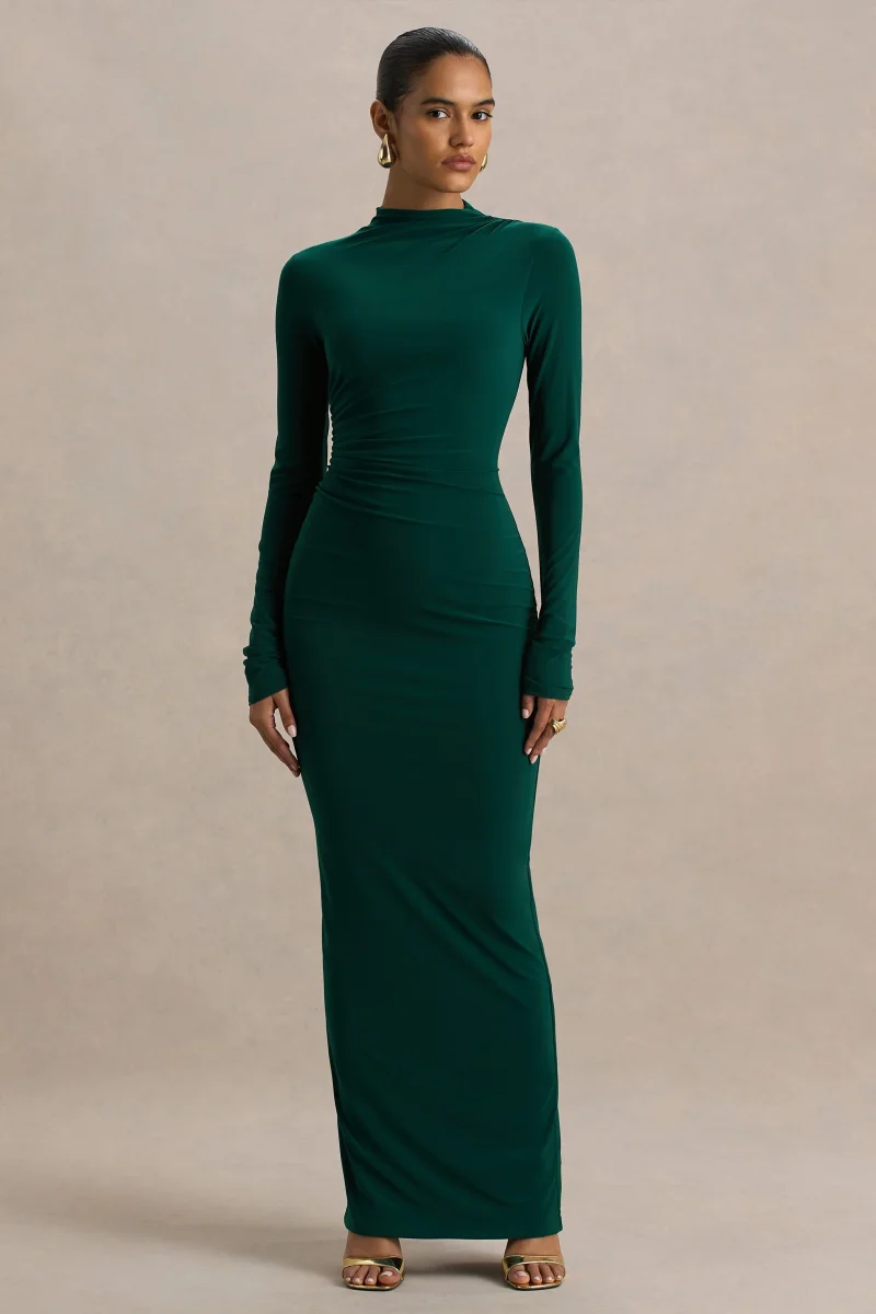 Eden | Vestido Largo Verde Botella con Escote Alto y Detalles Fruncidos - Imagen 6