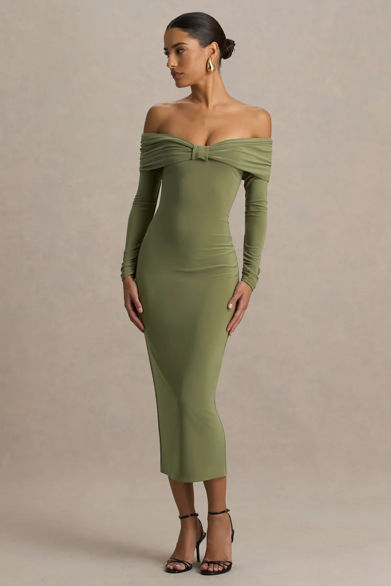 Spark | Vestido Midi Oliva Con Escote Bardot Y Detalle De Lazo - Imagen 5