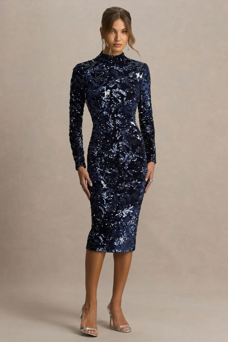 Alanita | Vestido midi azul marino de terciopelo y lentejuelas con cuello alto y mangas largas - Imagen 5