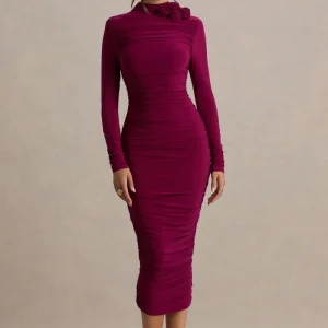Tamara | Vestido Midi Burdeos de Manga Larga con Fruncidos