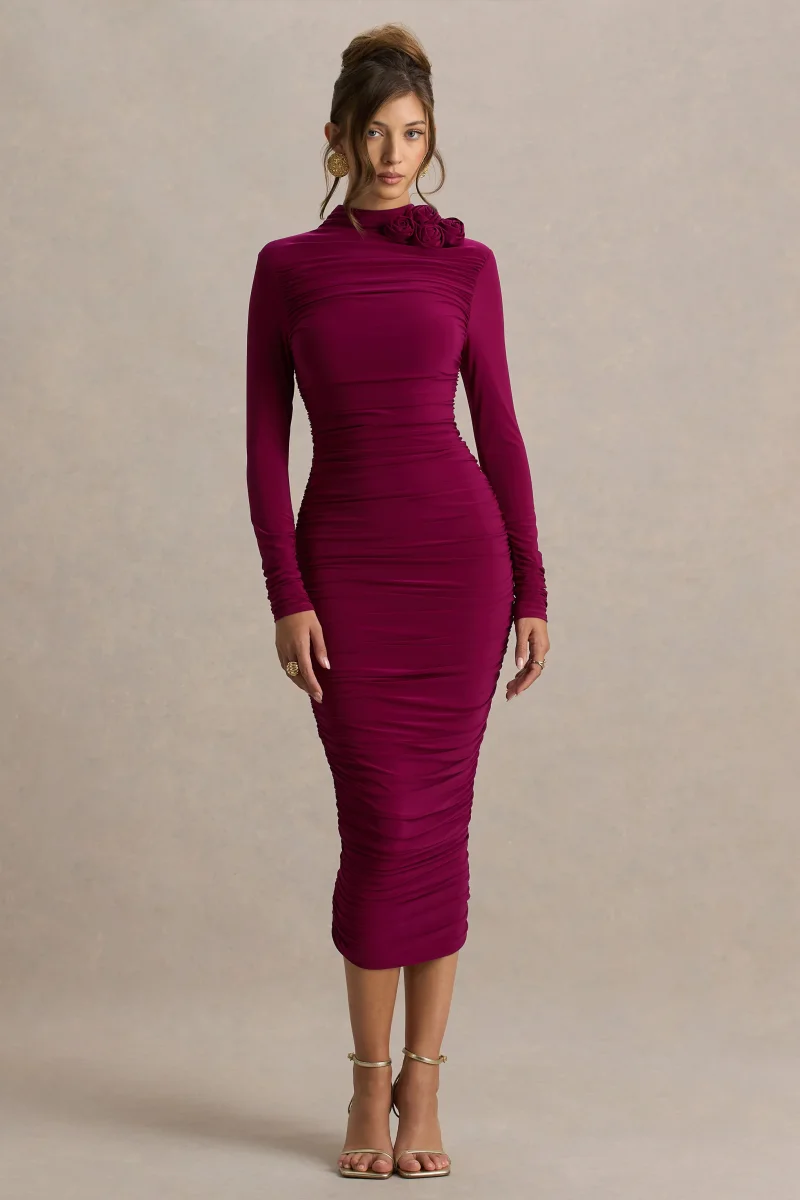 Tamara | Vestido Midi Burdeos de Manga Larga con Fruncidos - Imagen 2