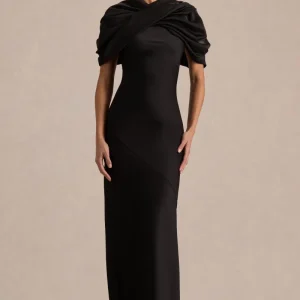 Yoli | Vestido Largo Negro de Satén con Capa Retorcida Removible