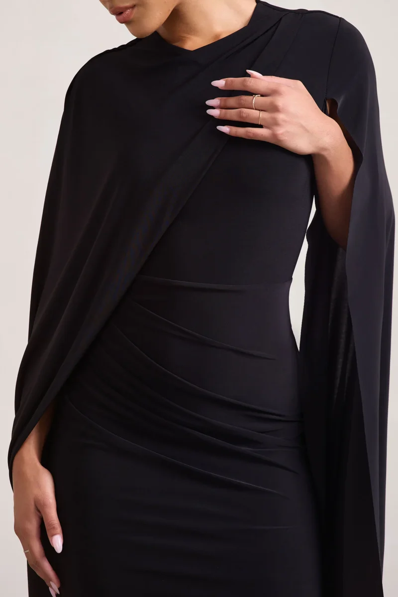 Marysol | Vestido midi negro entallado con mangas tipo capa - Imagen 4