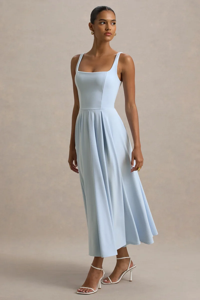 Parina | Vestido midi azul claro con escote cuadrado y falda voluminosa - Imagen 5
