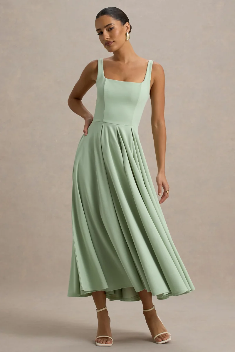 Parina | Vestido midi verde claro con escote cuadrado y falda voluminosa - Imagen 5
