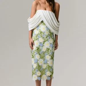 Entitled | Vestido Midi con Estampado Floral Crema y Escote Bardot con Detalles de Encaje