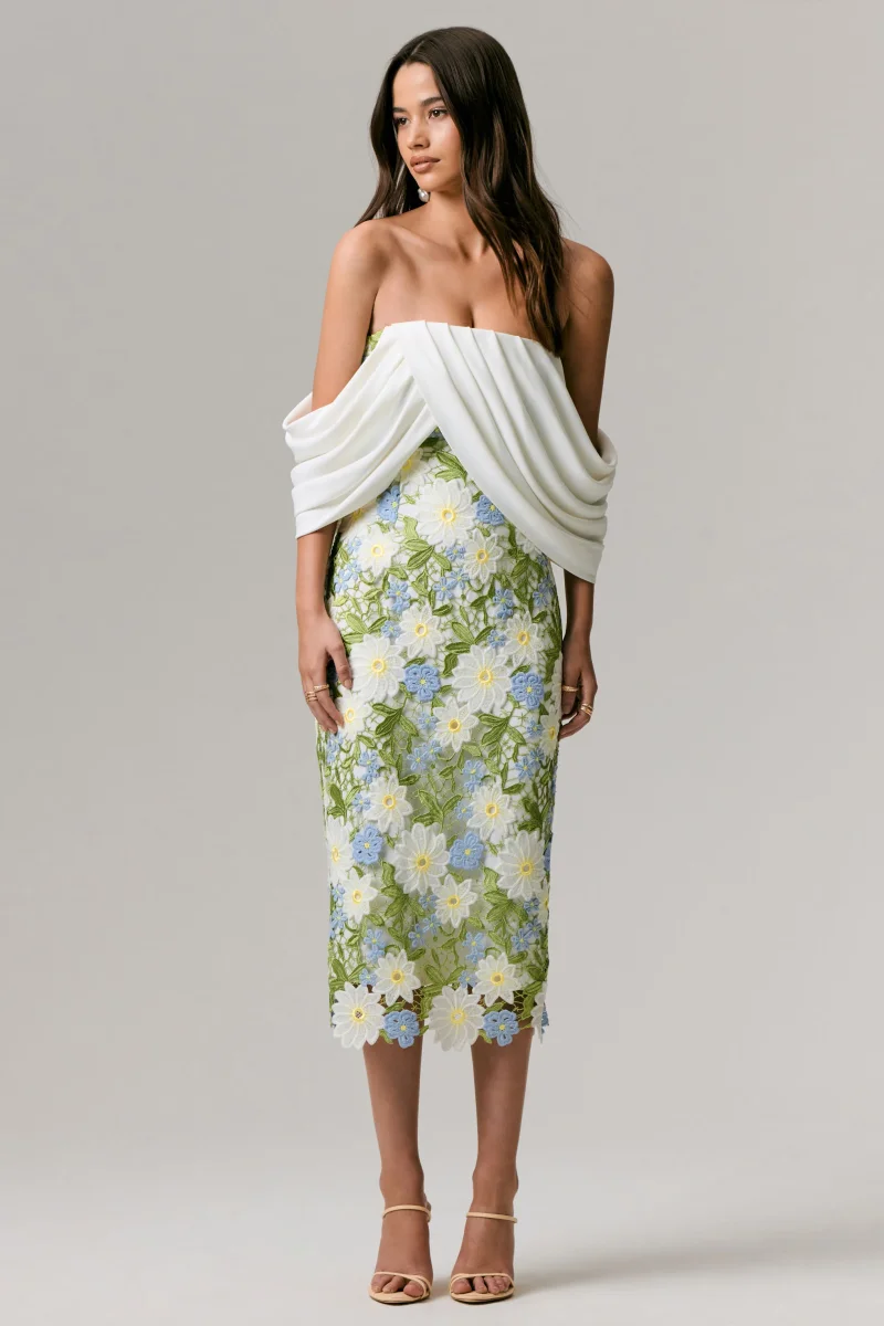 Entitled | Vestido Midi con Estampado Floral Crema y Escote Bardot con Detalles de Encaje - Imagen 2