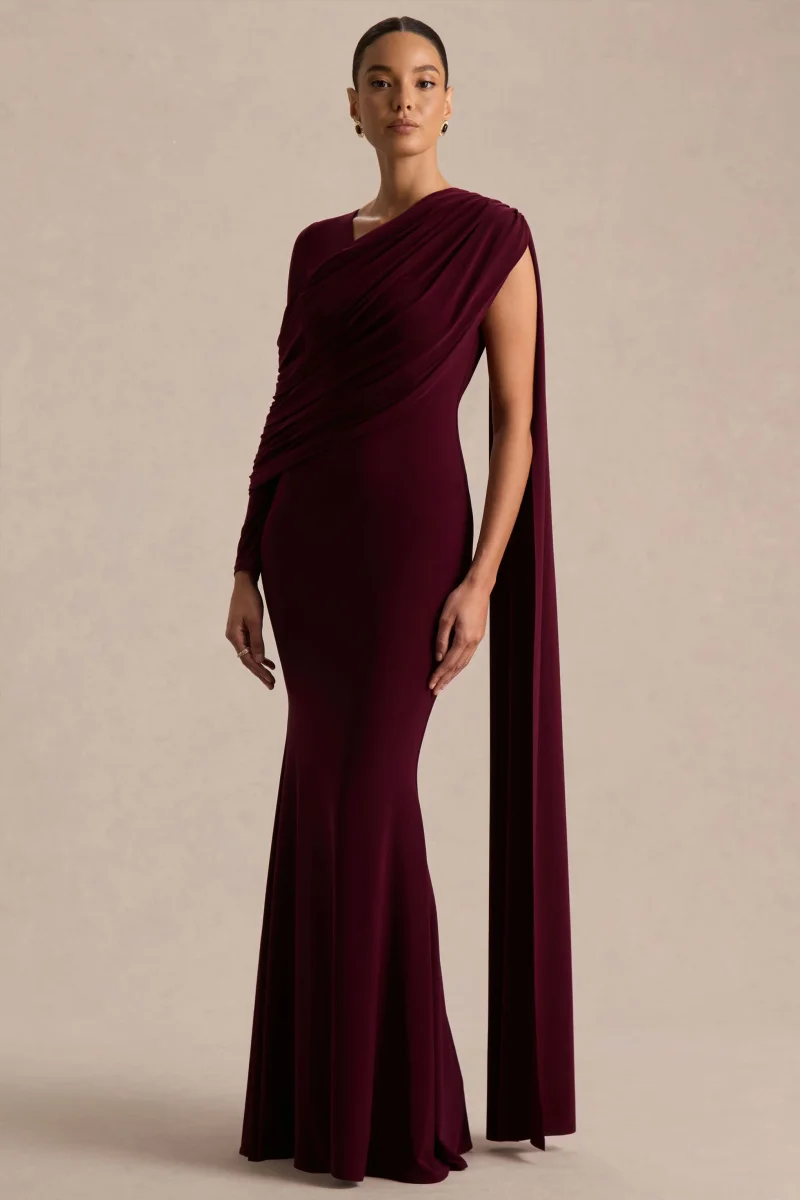 Rubelle | Vestido Largo Burdeos de Escote Asimétrico con Detalle Drapeado - Imagen 4