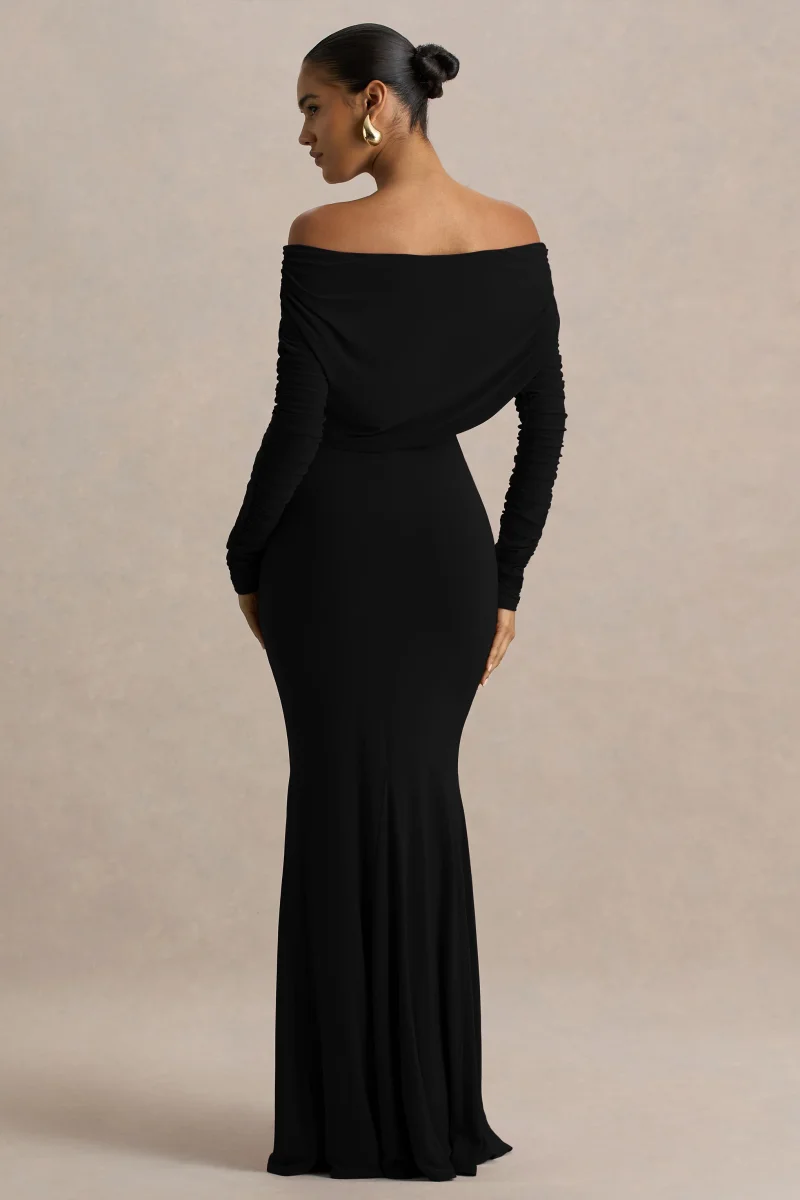 Cilla | Vestido Largo Negro Con Escote Bardot y Fruncido - Imagen 4